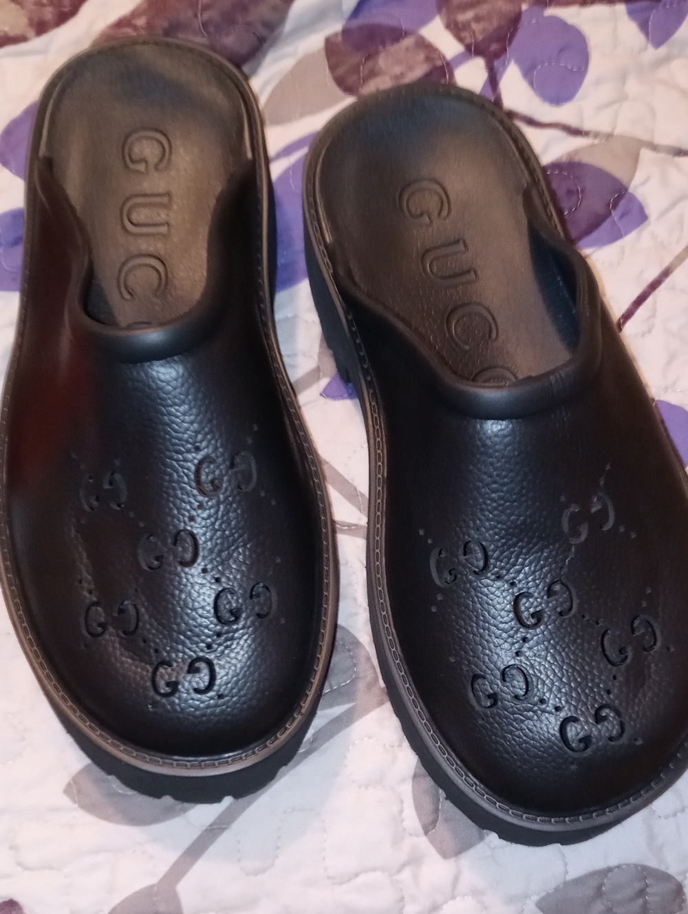 Gucci Black Leather GG Embossed Clog Mules